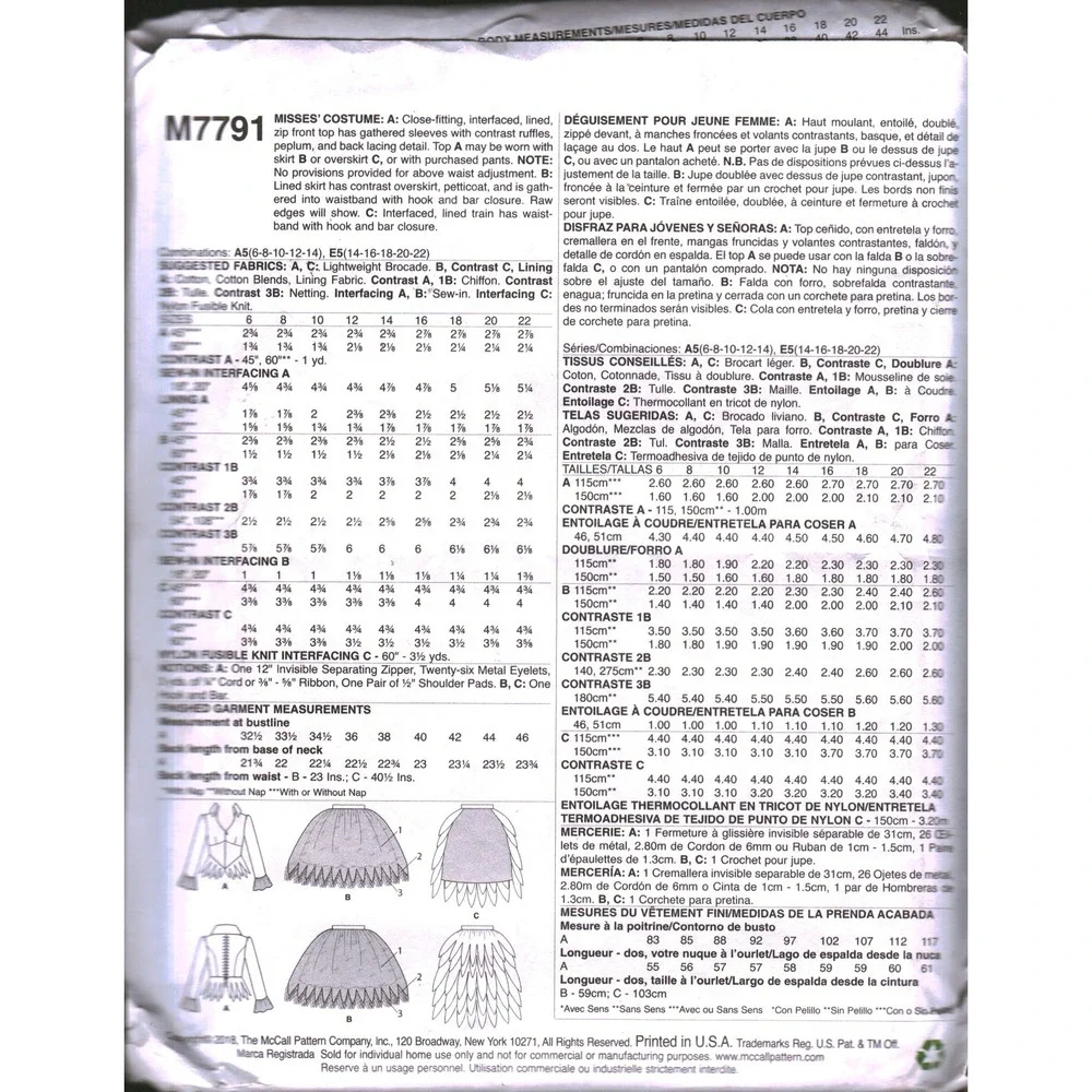 McCalls M7791 Misses Gothic Costume Pattern Top Skirt Train Size E5 14-22 NEW
